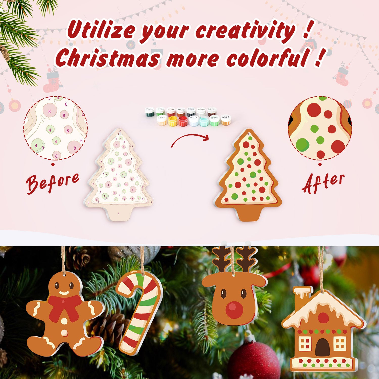 Décorations de Noël décoratives avant et après application de peinture colorée, avec texte encourageant la créativité.