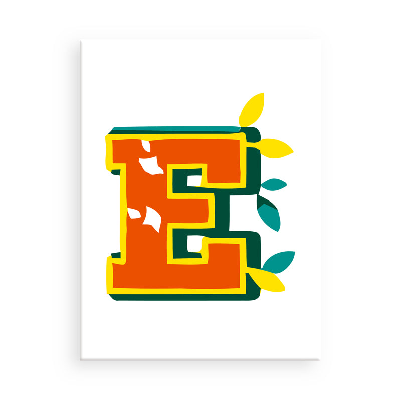 Colorful letter 'E' with leaf designs on a white background