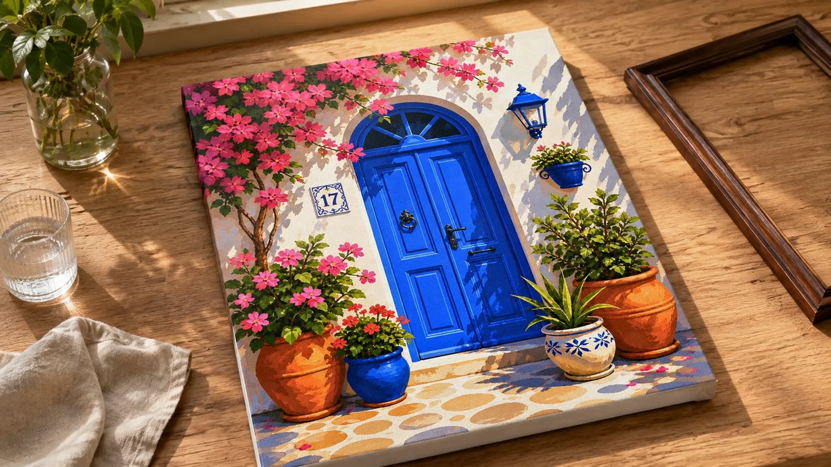A finished paint by numbers artwork displayed in a calm room