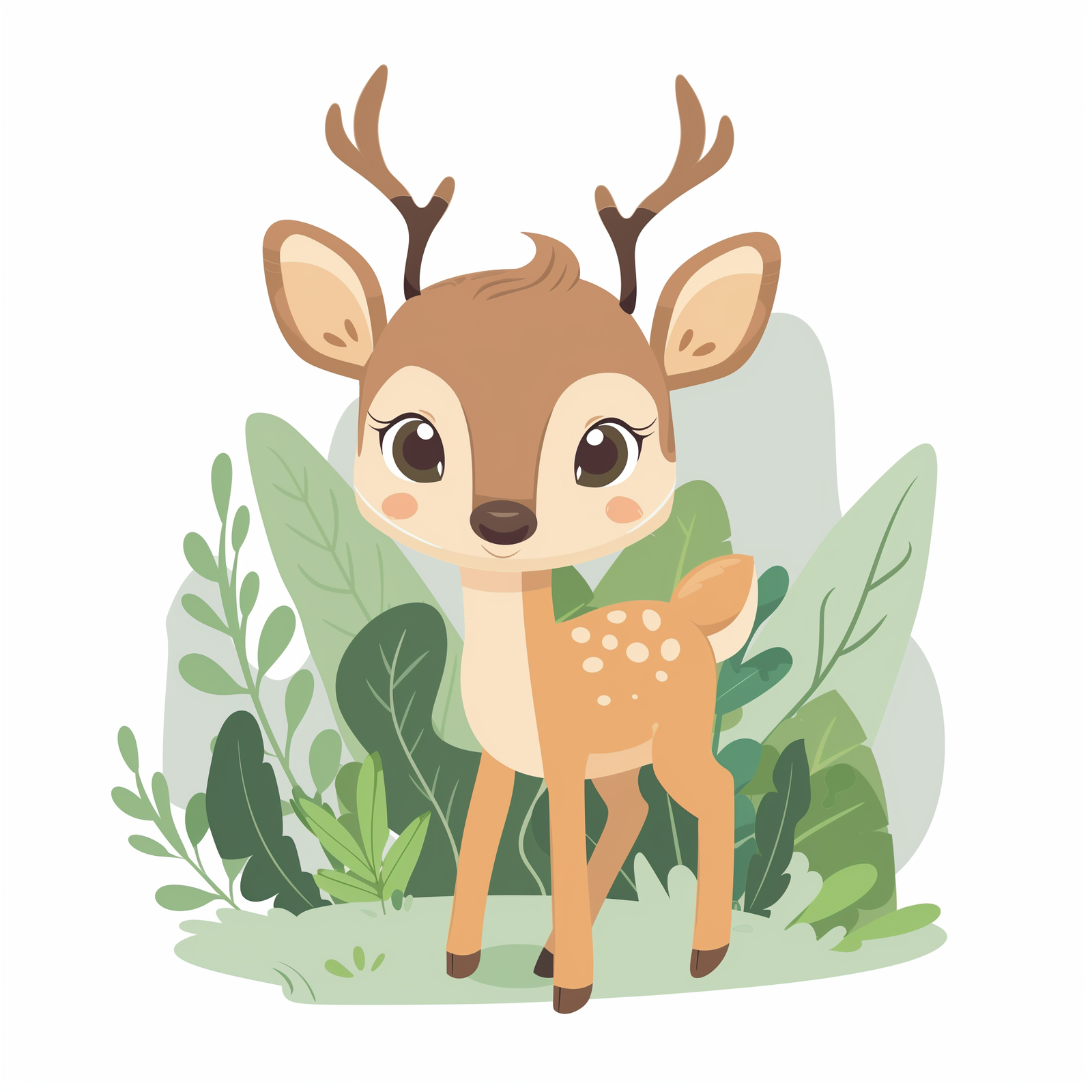 Una ilustración de dibujos animados de un lindo ciervo con ojos grandes en un bosque verde. La imagen está diseñada para un kit de manualidades de pintura por números.