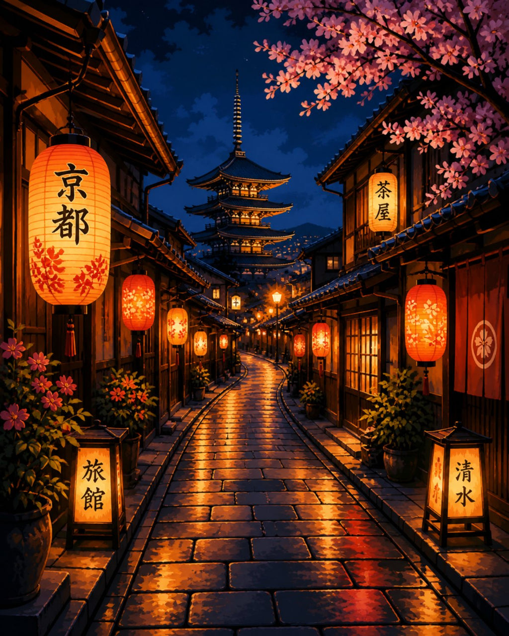 Finished Kyoto Lanterns paint by numbers artwork