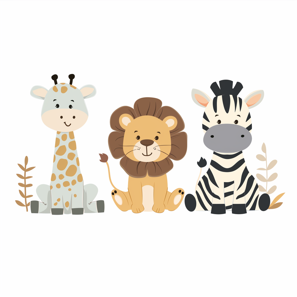 A paint by numbers kit featuring illustrations of a giraffe, a lion, and a zebra on a white background.