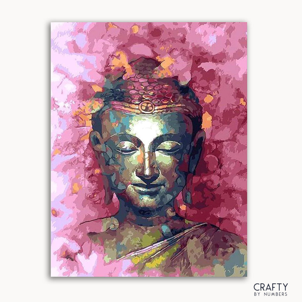 A paint-by-numbers kit image featuring a artistic representation of a Buddha figure with a pink background, multicolored floral patterns, and a shimmering gold outline.
