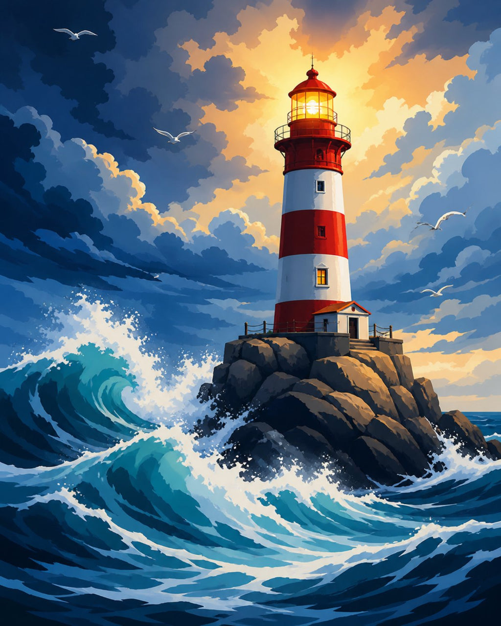 Finished Ocean Lighthouse paint by numbers artwork