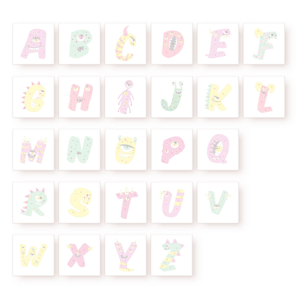 Alphabet letters with colorful designs on a white background