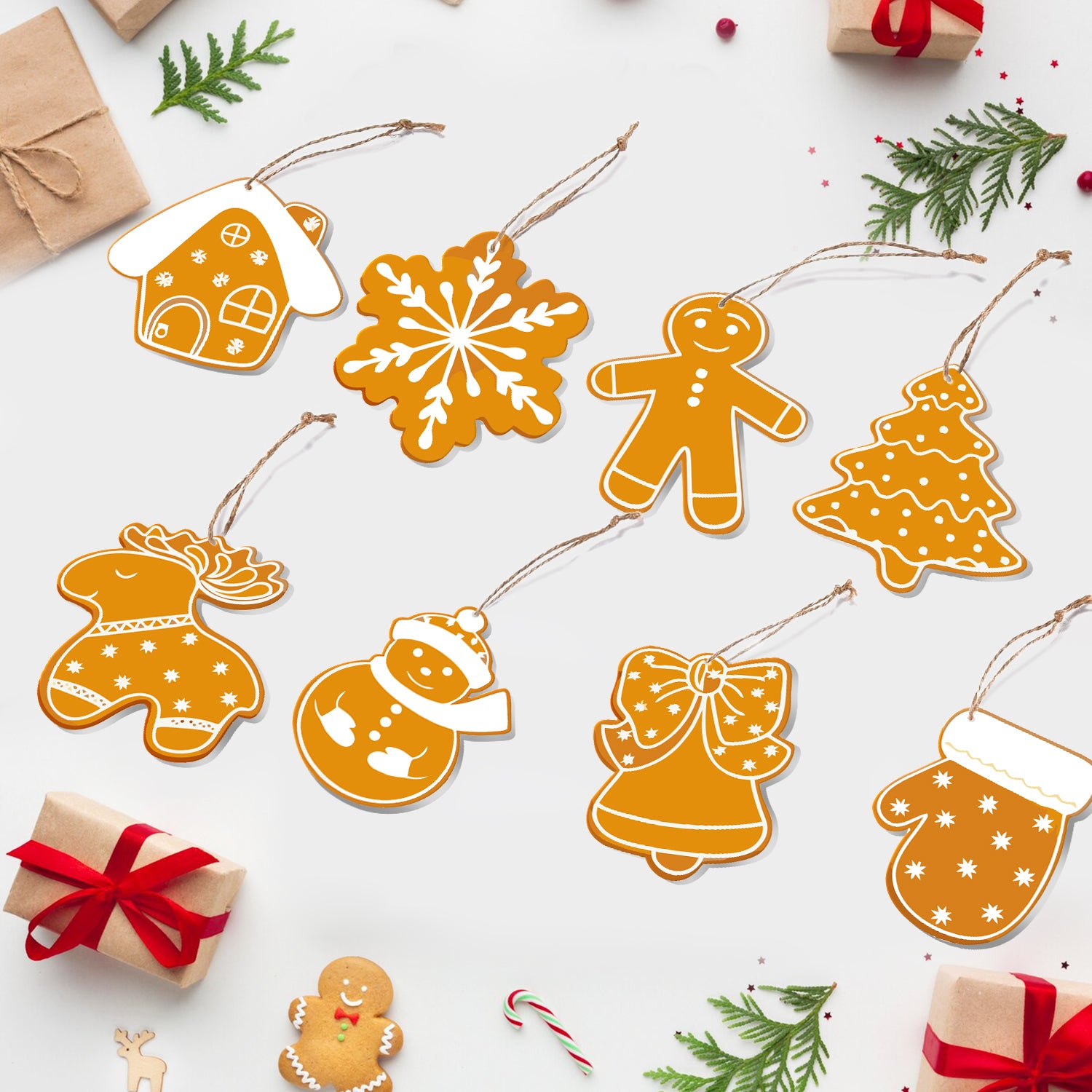 Set of Christmas-themed paper decorations on a white background with gift boxes and candy canes.