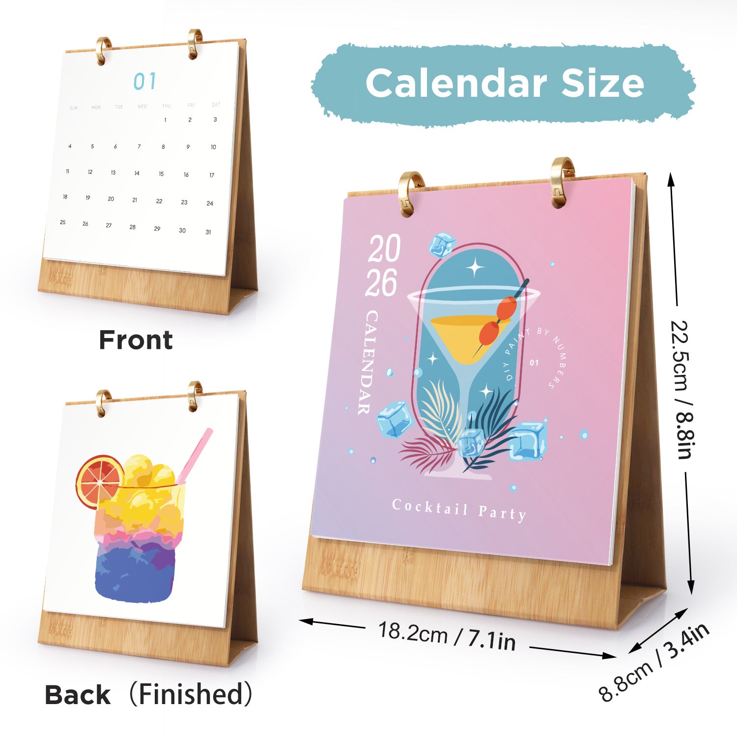 Kalender mit Vorder- und Rückansicht und Angabe der Abmessungen auf weißem Hintergrund.