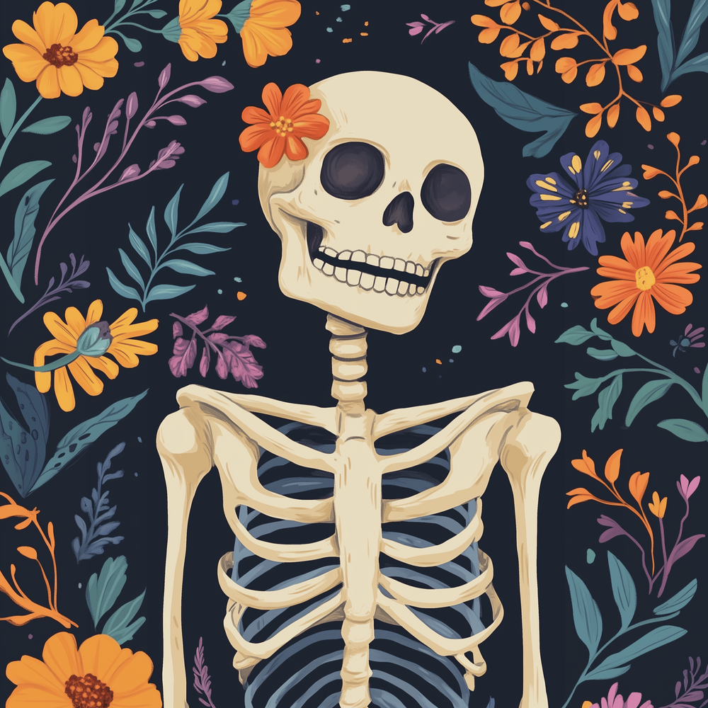A paint by numbers kit featuring a skeleton surrounded by colorful flowers on a dark background.
