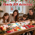 Family engaged in a DIY craft activity with Christmas decorations around them.