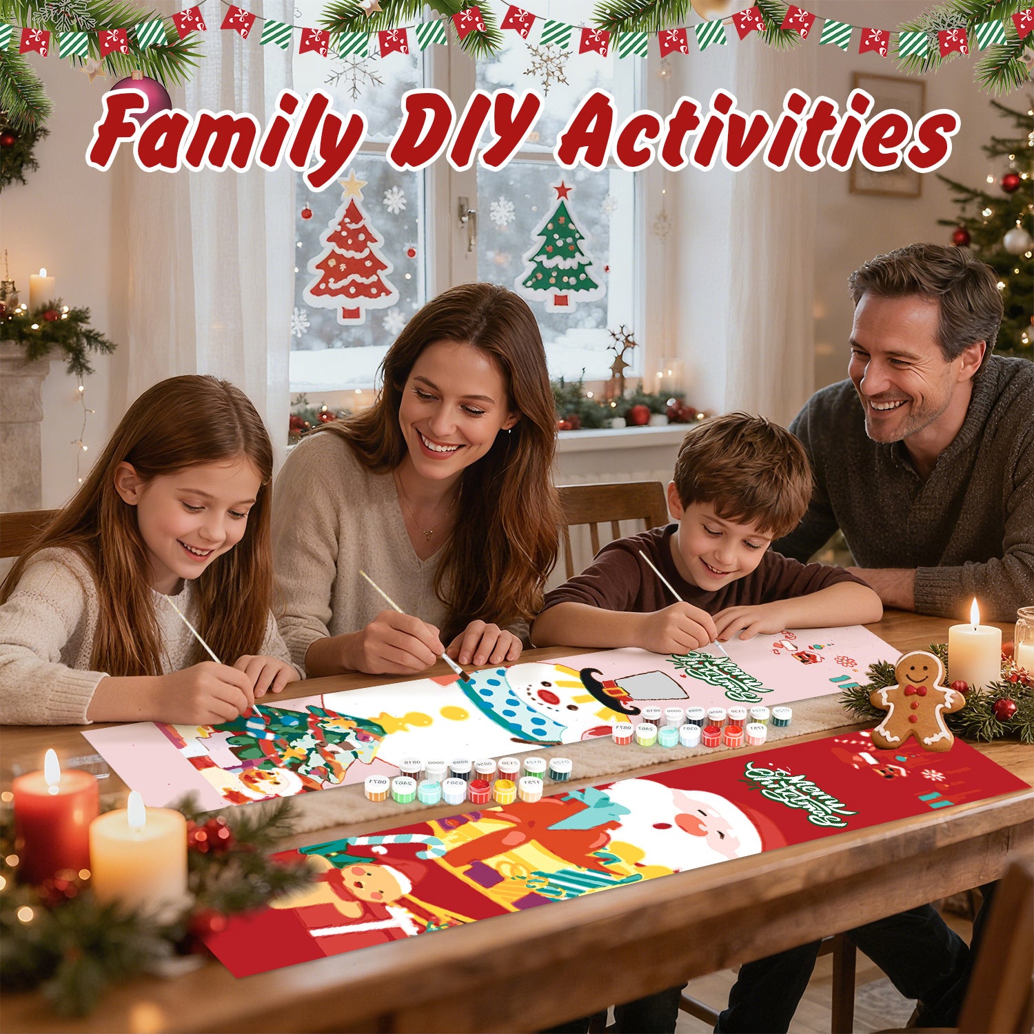 Family engaged in a DIY craft activity with Christmas decorations around them.