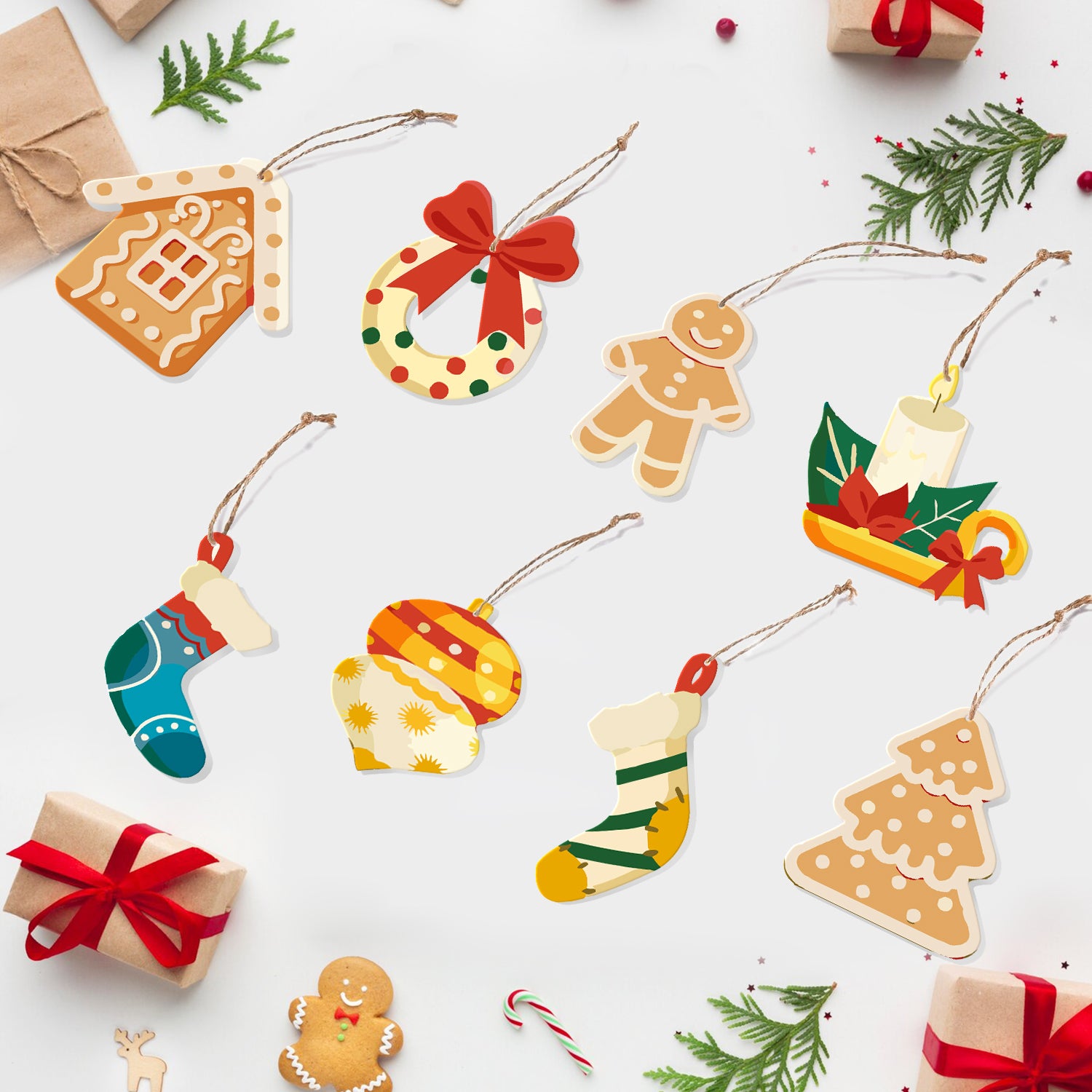 Sammlung weihnachtlicher Papierornamente auf weißem Hintergrund