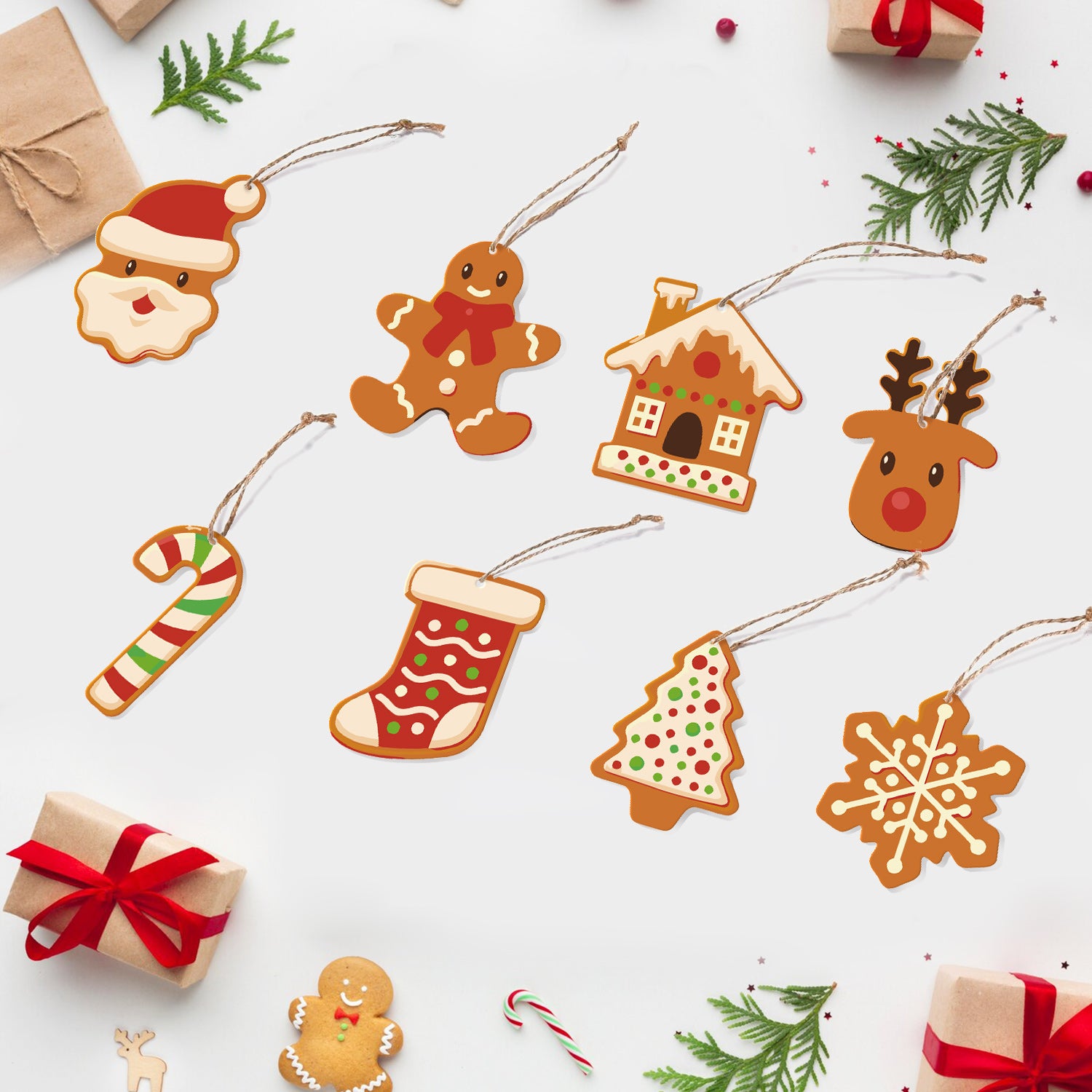 Collection of Christmas-themed paper ornaments on a white background