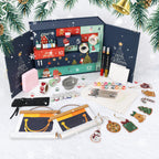 Christmas-themed advent calendar with art supplies on a white background