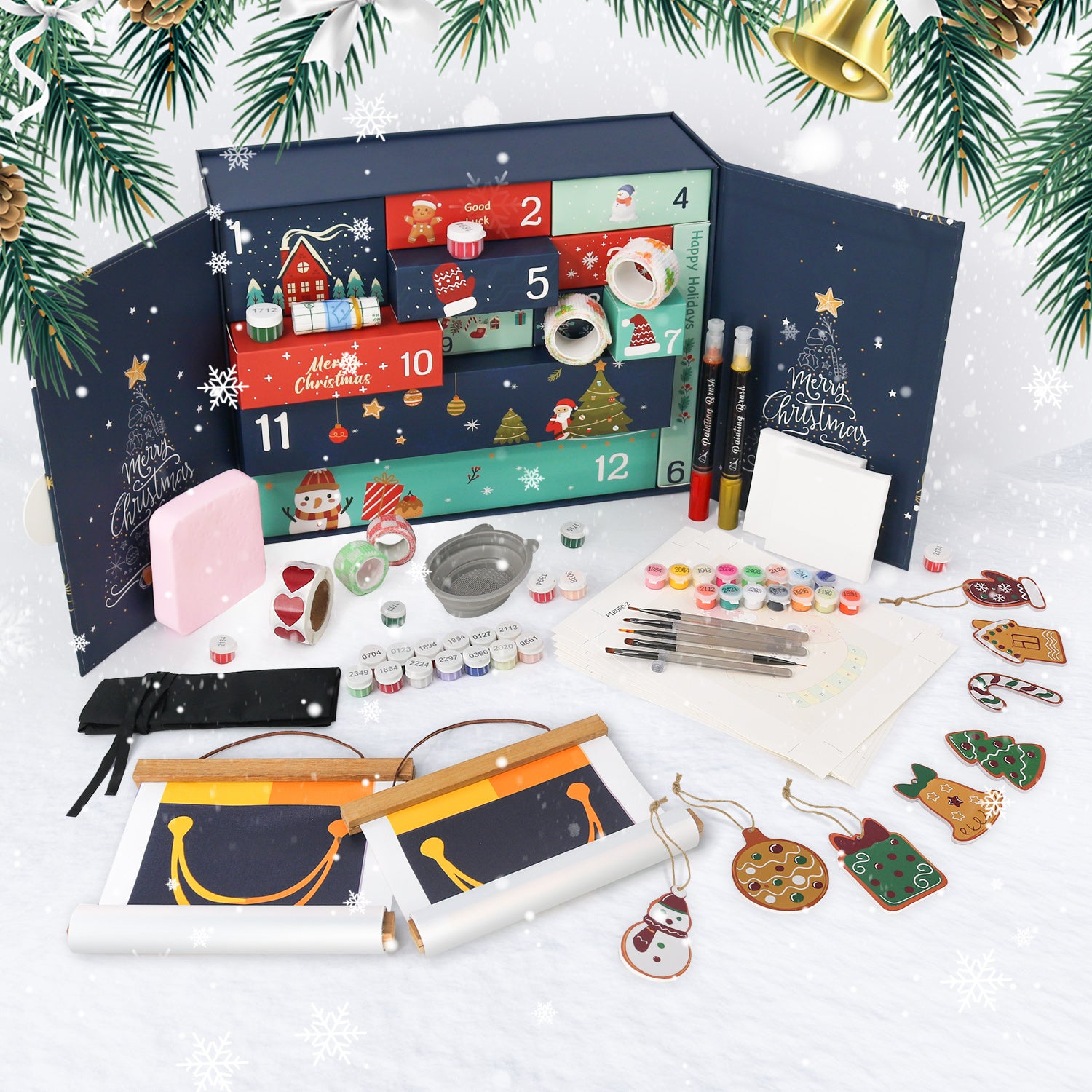 Christmas-themed advent calendar with art supplies on a white background
