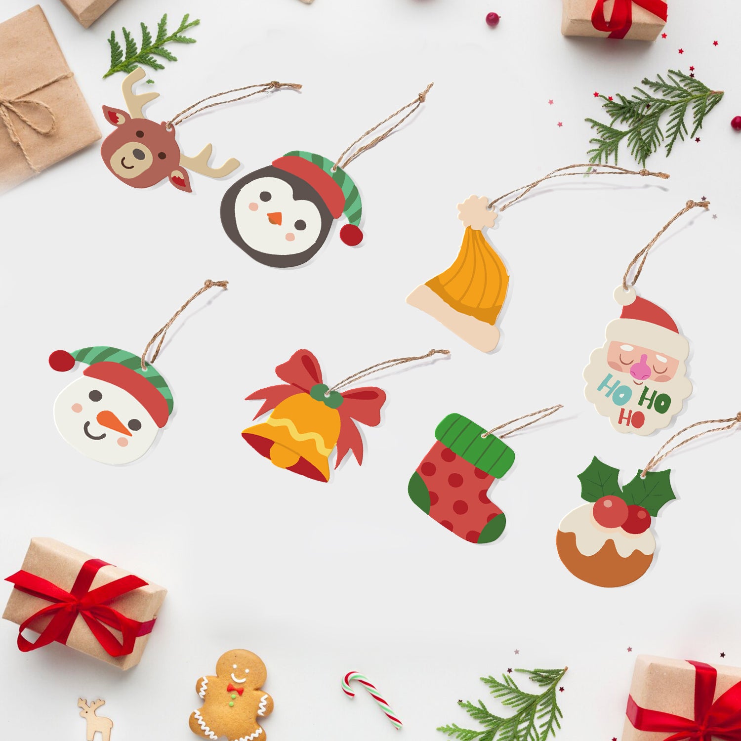 Collection of Christmas-themed paper decorations on a white background