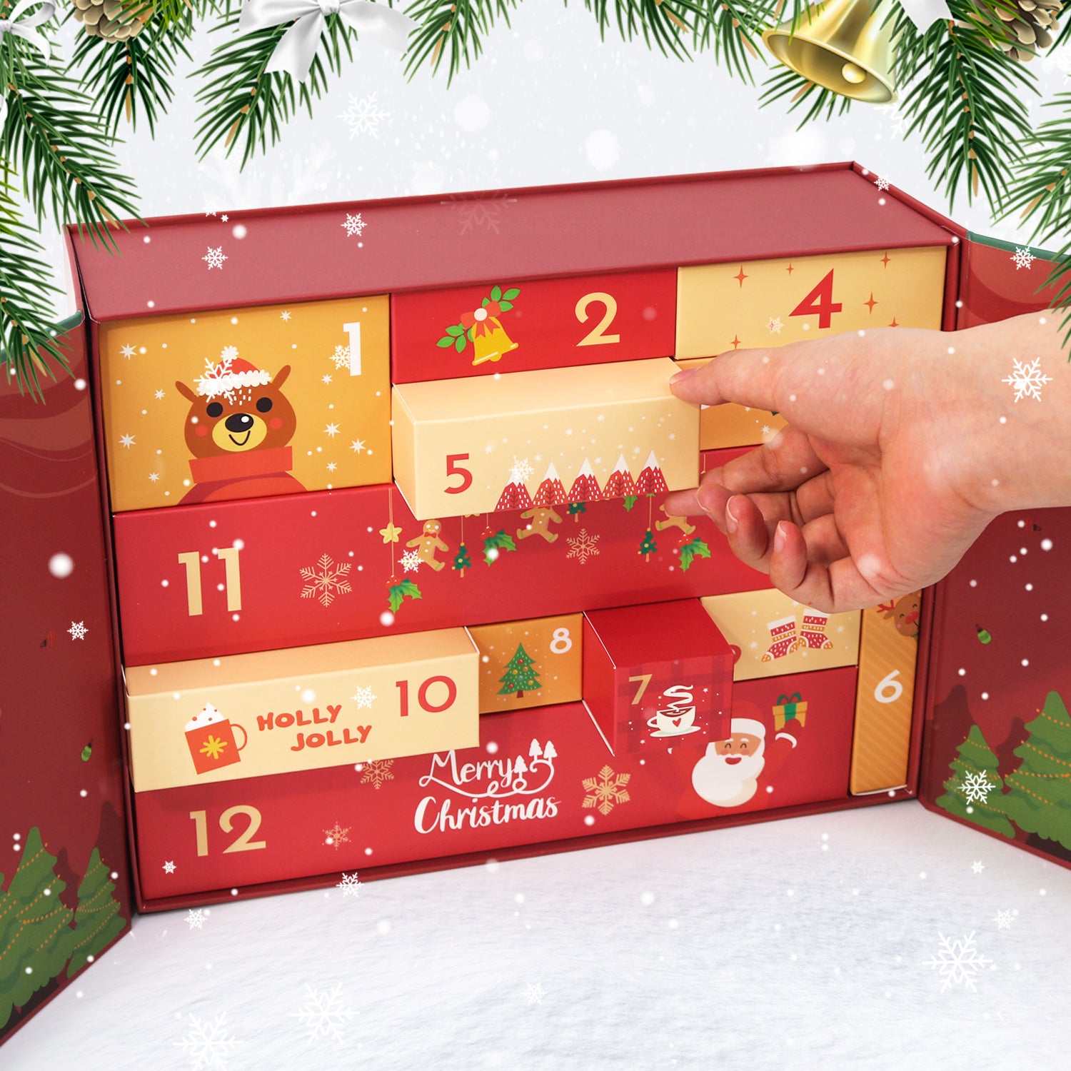 Red advent calendar with festive designs and a hand pointing to a door, surrounded by Christmas decorations.
