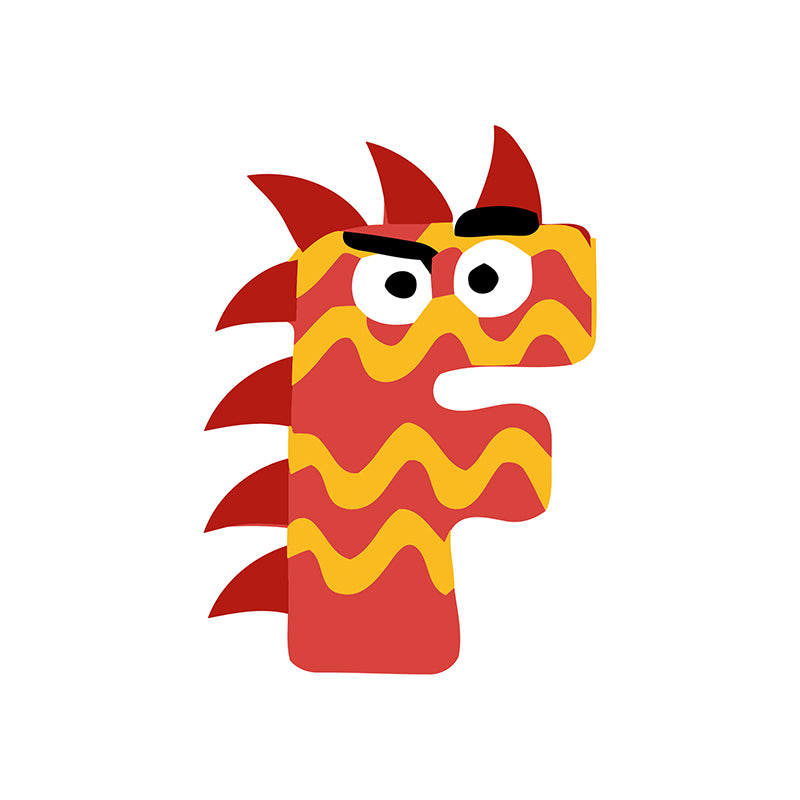 Red and yellow dragon-like character on a white background