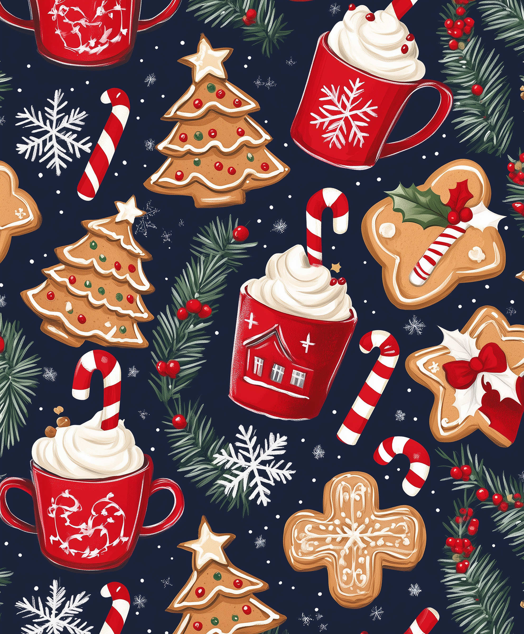 A paint by numbers kit with holiday-themed elements including gingerbread cookies, candy canes, and cups of cocoa with whipped cream.