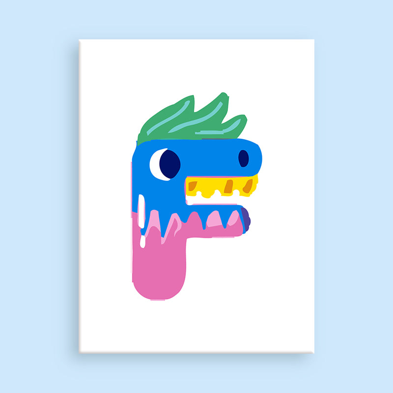 Colorful letter 'F' with a blue head, pink body, and green hair on a light blue background