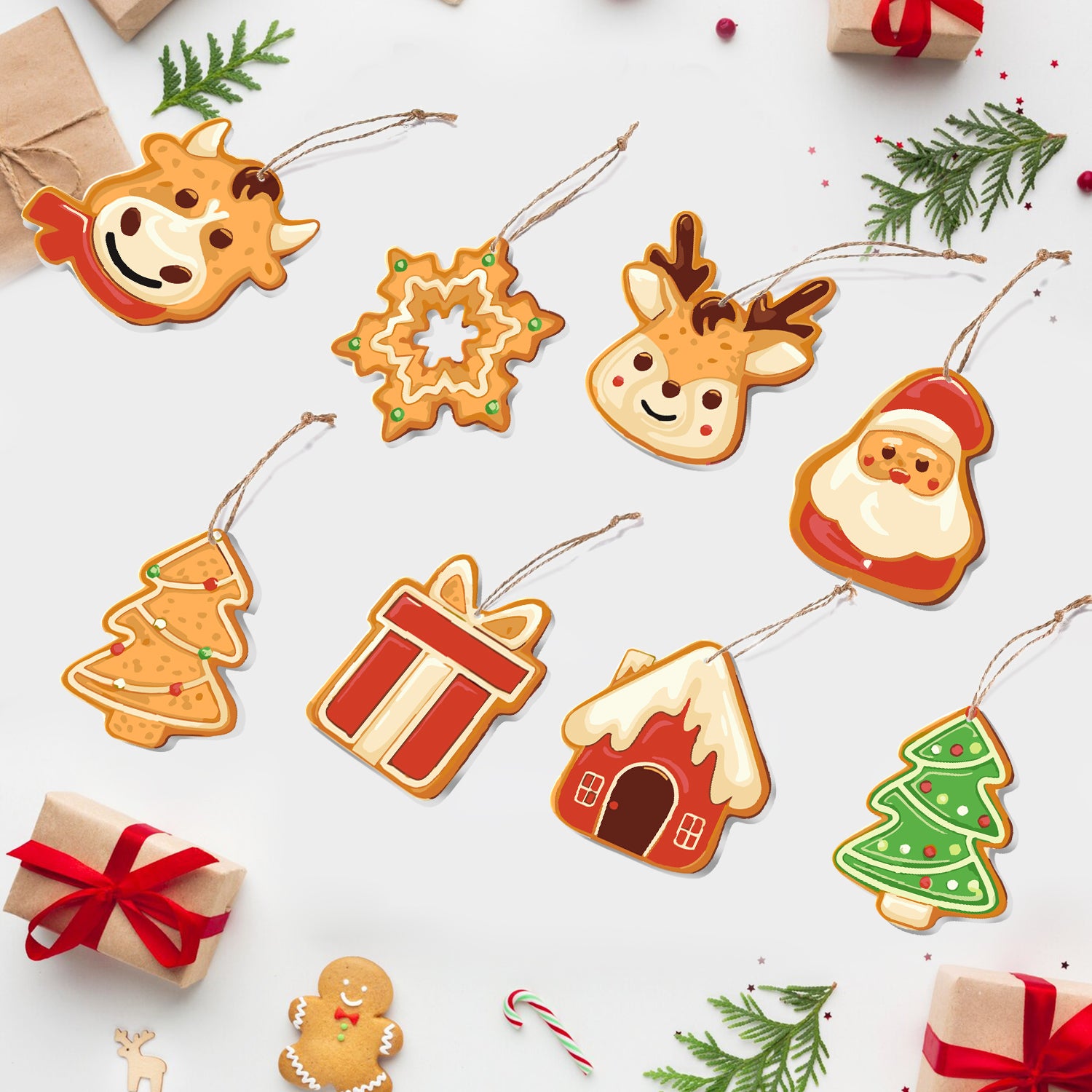 Collection of Christmas-themed cookie ornaments on a white background