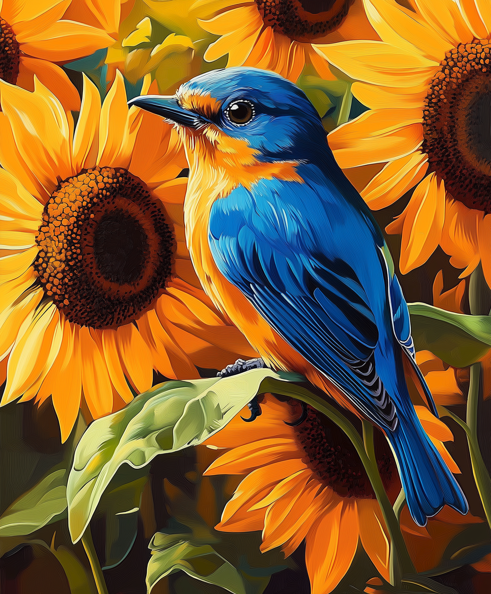 A paint by numbers kit depicting a blue bird perched on a sunflower with a background of more sunflowers.