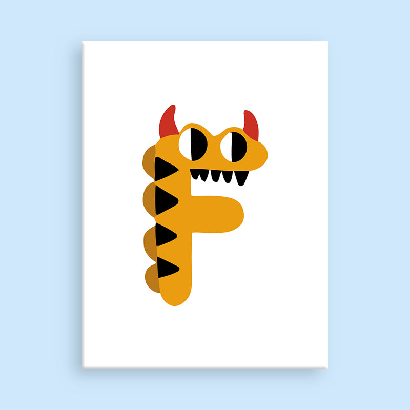 Illustration of a monster letter 'F' on a white background with a light blue border