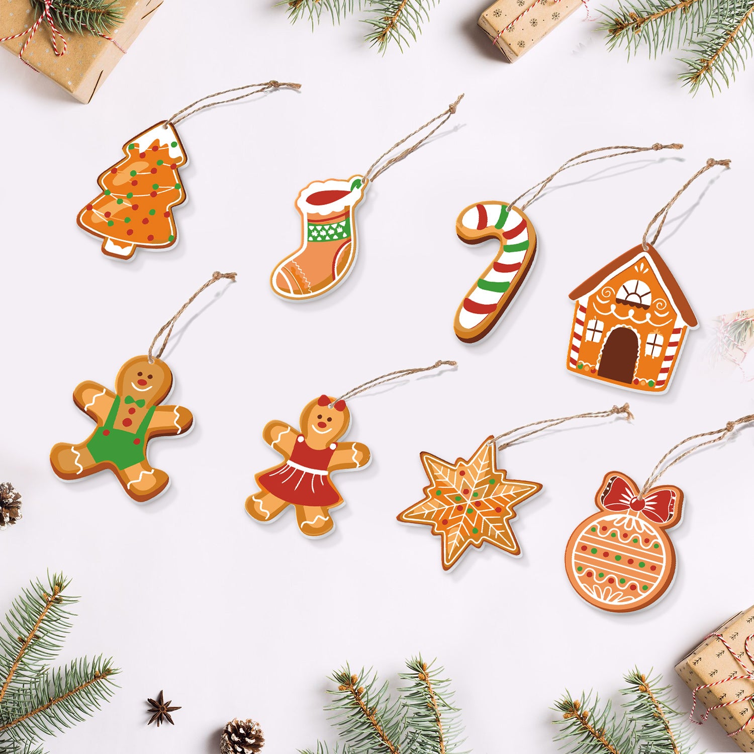 Set of Christmas-themed cookie ornaments on a white background with festive decorations.