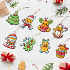Colorful Christmas-themed ornaments on a white background with gift boxes and decorations.