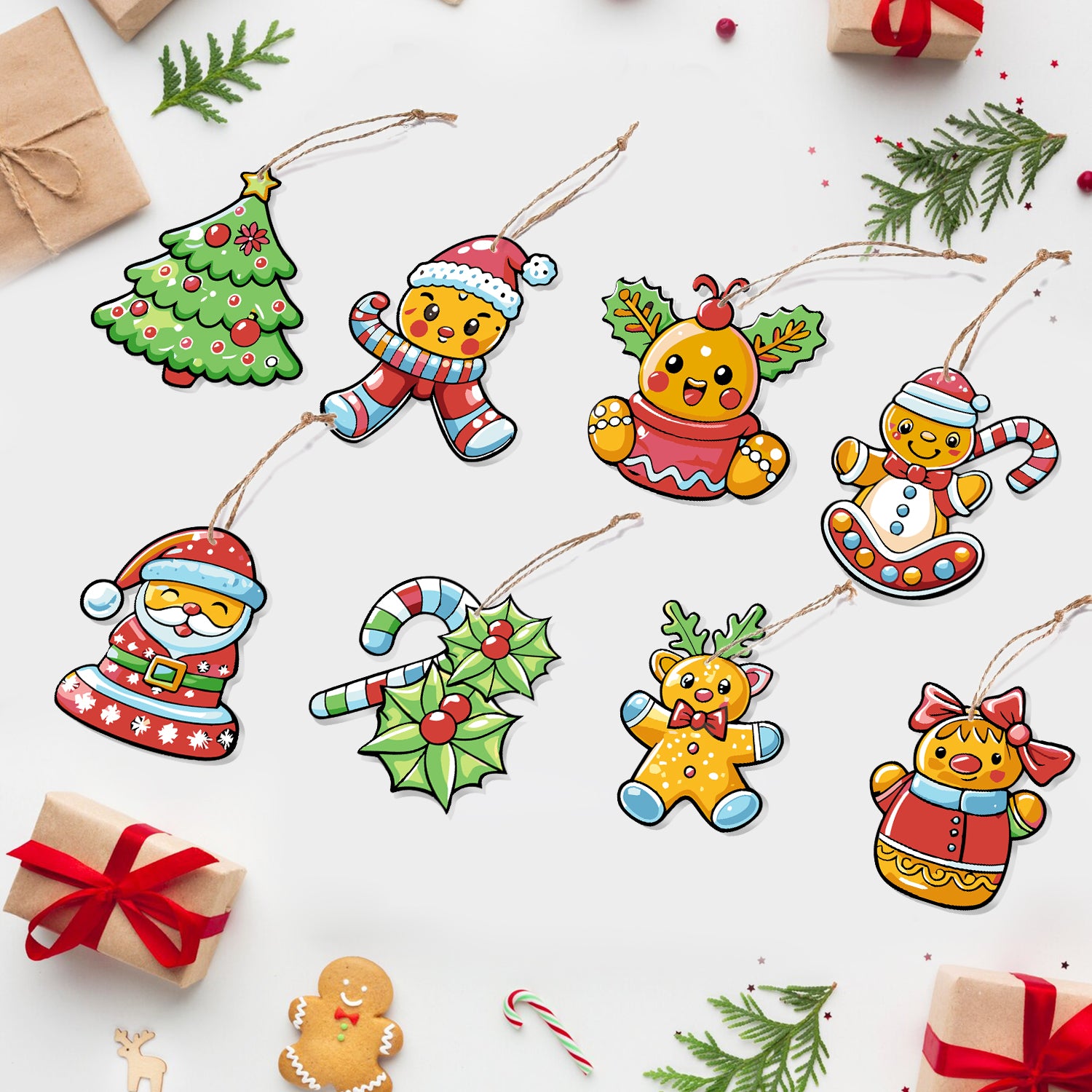 Bunte weihnachtliche Ornamente auf weißem Hintergrund mit Geschenkboxen und Dekorationen.