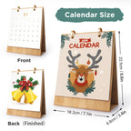 Calendar with reindeer design and measurement details on a white background