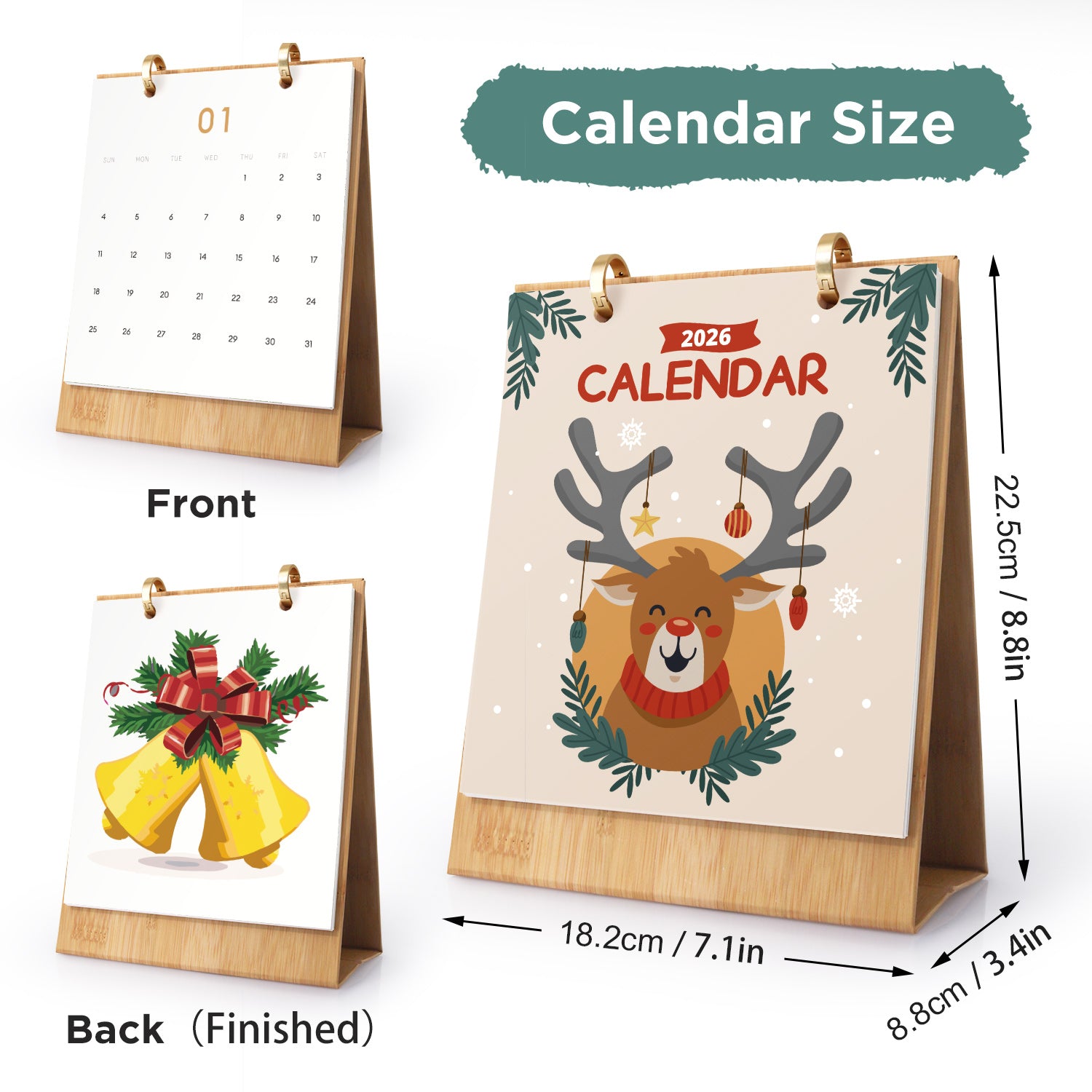 Calendario con diseño de renos y detalles de medidas sobre fondo blanco.