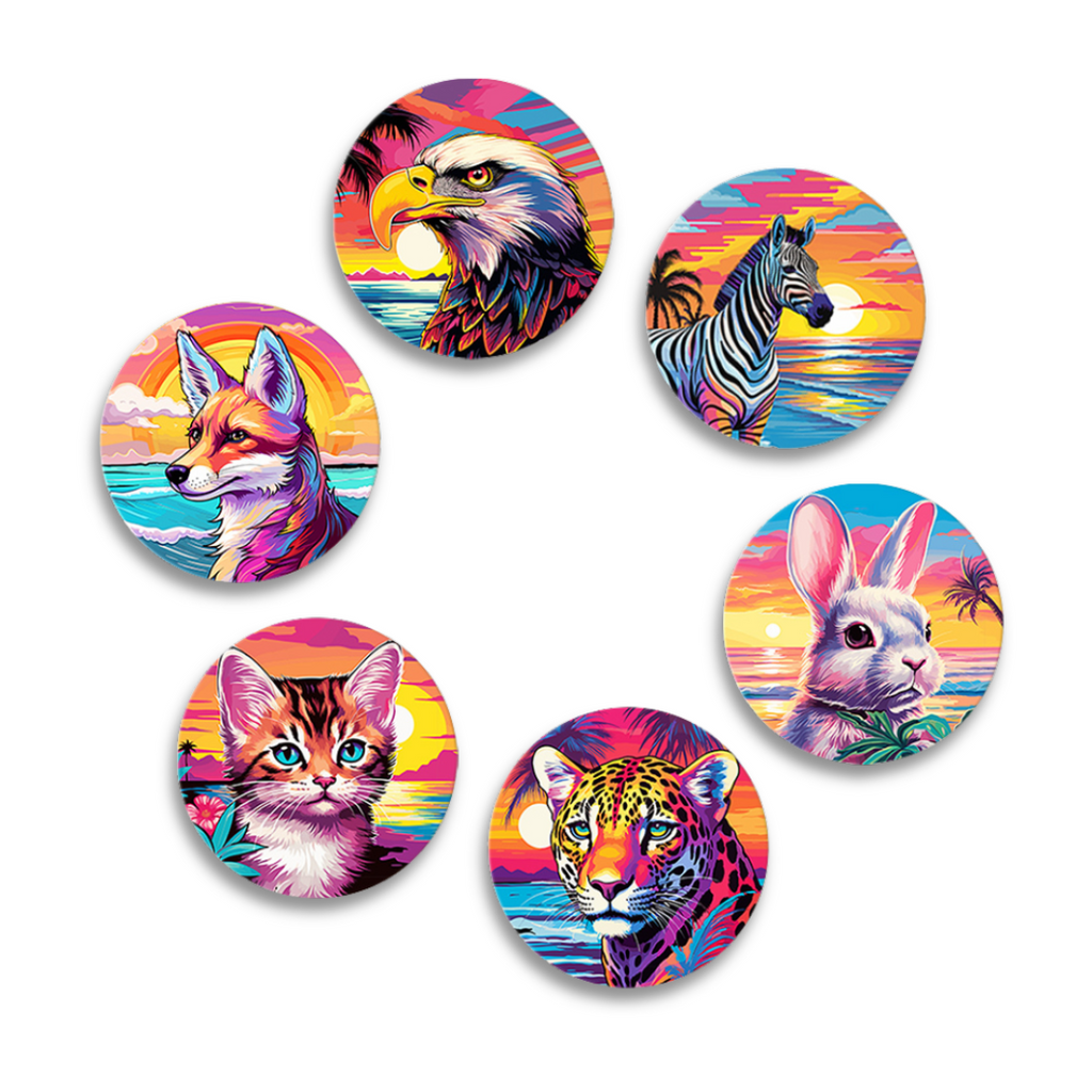 A set of six colorful paint-by-numbers coasters featuring various animals such as a fox, zebra, leopard, eagle, cat, and rabbit, set against a tropical backdrop with vibrant skies.