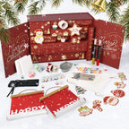 Christmas-themed advent calendar with art supplies on a white background