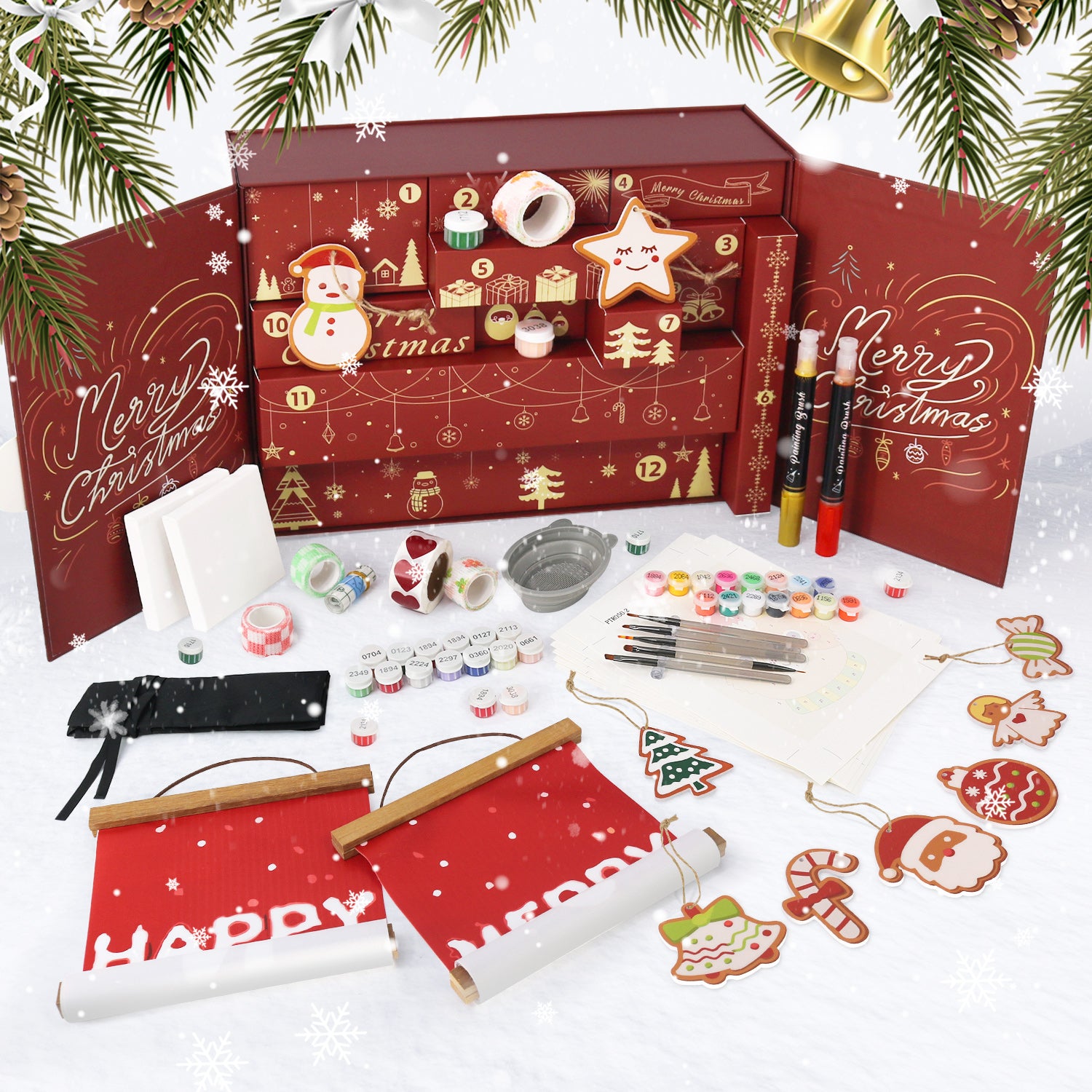 Christmas-themed advent calendar with art supplies on a white background