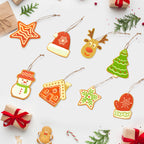 Colorful Christmas-themed ornaments on a white background with small gift boxes and candy canes.