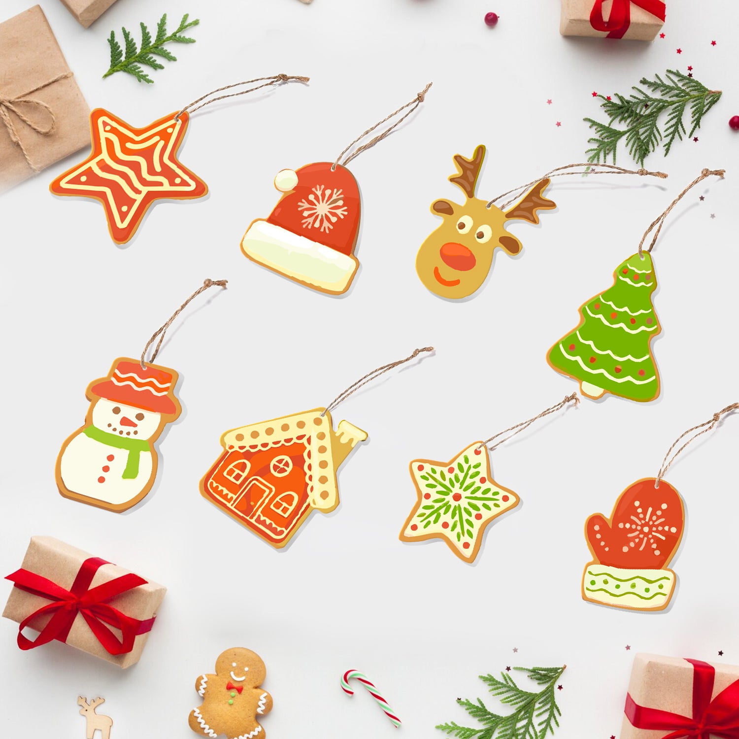 Colorful Christmas-themed ornaments on a white background with small gift boxes and candy canes.