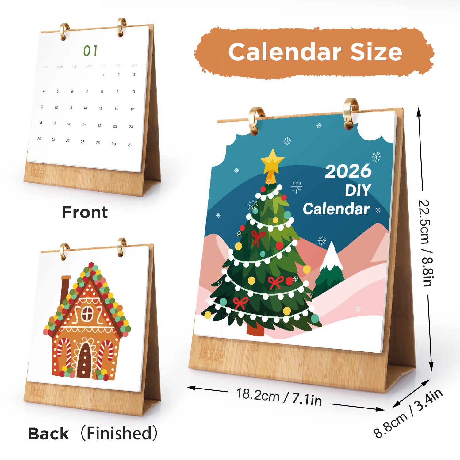 Calendario de bricolaje 2026 con diseño de árbol de Navidad, que muestra vistas frontal y posterior con dimensiones.