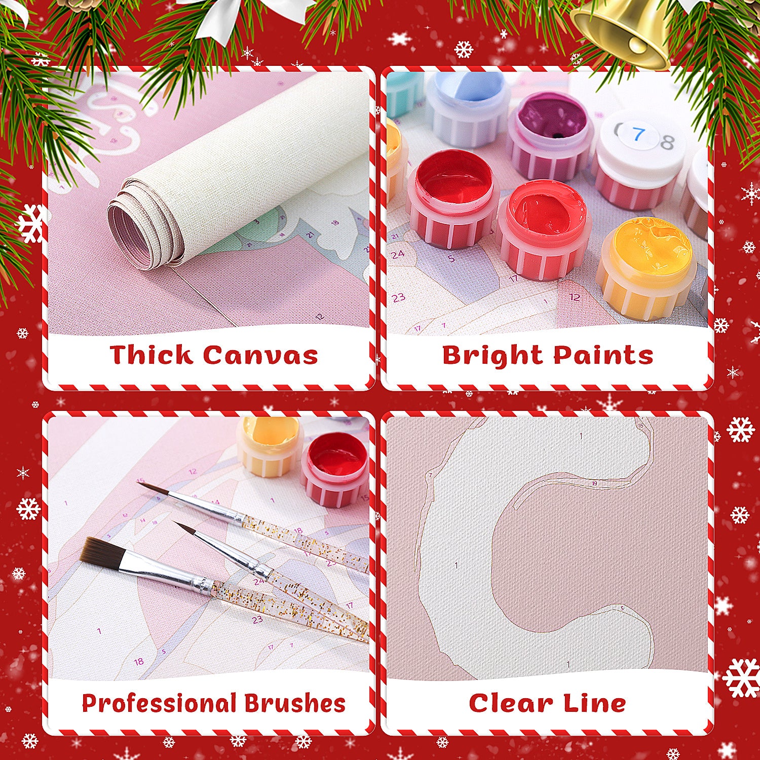 Collage of art supplies including thick canvas, bright paints, professional brushes, and clear line on a festive background.