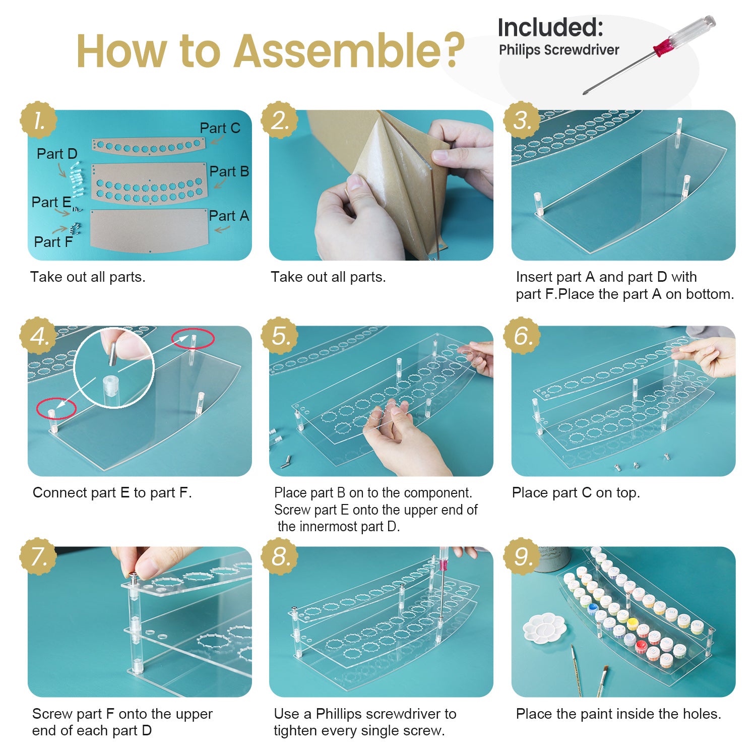 Step-by-step assembly guide with illustrations and text on a teal background