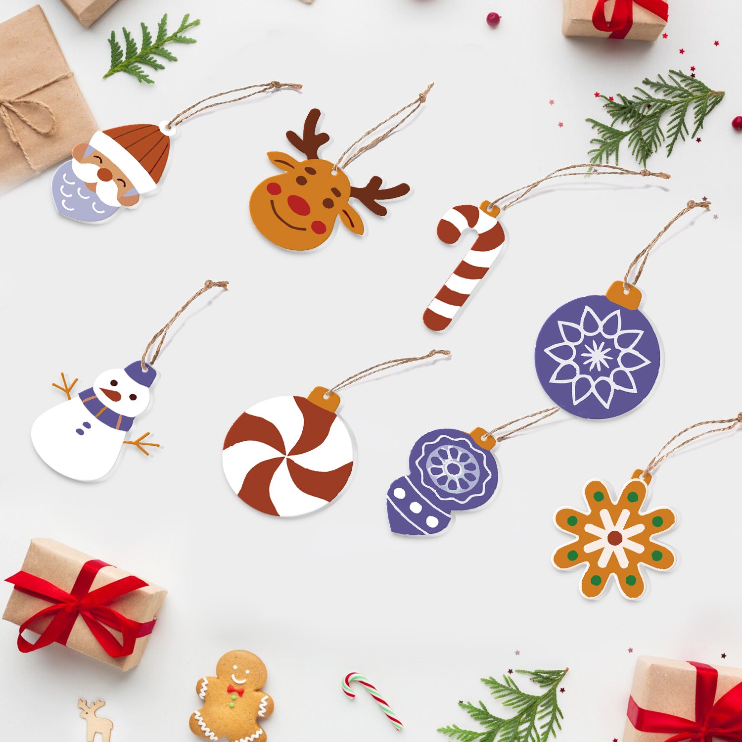 Collection of colorful Christmas ornaments on a white background