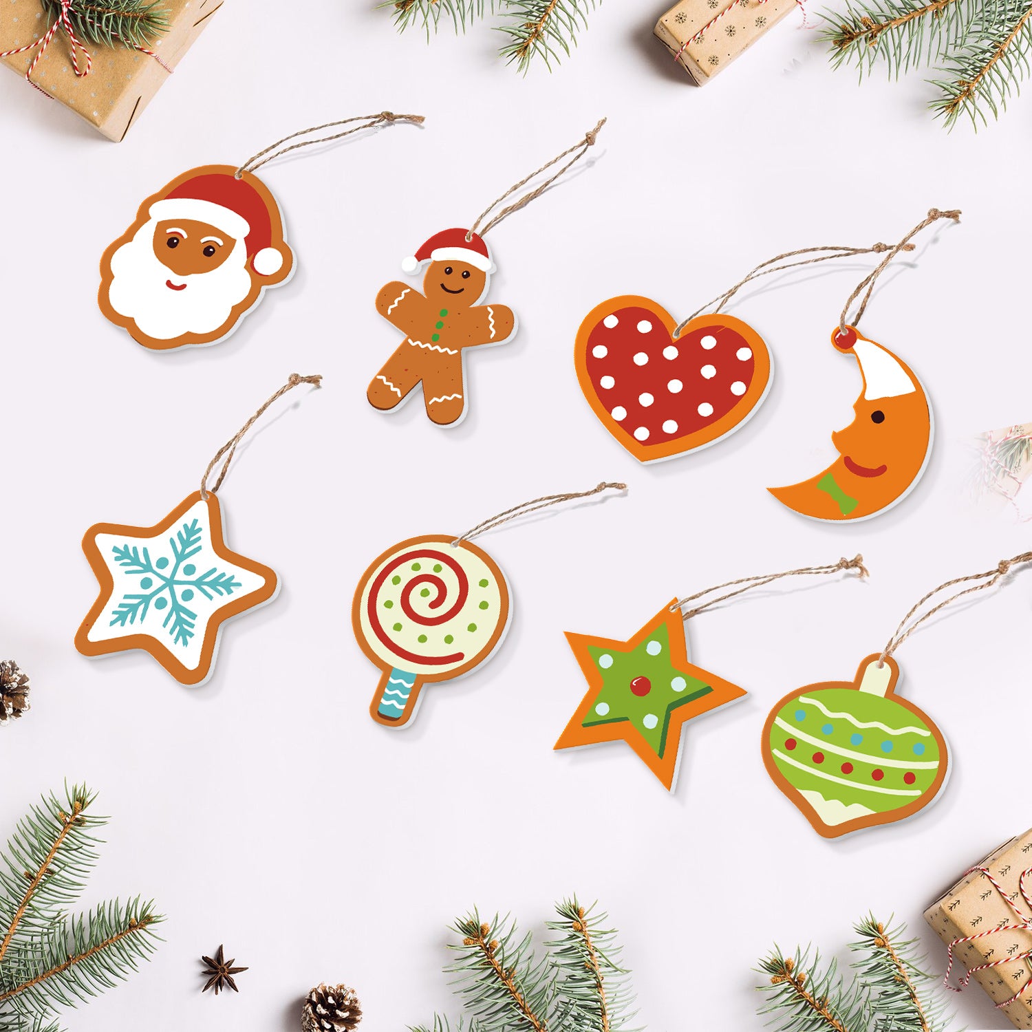 Colorful Christmas-themed ornaments on a white background with festive decorations.