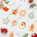 Colorful Christmas-themed cookie ornaments on a white background with gift boxes and candy canes.