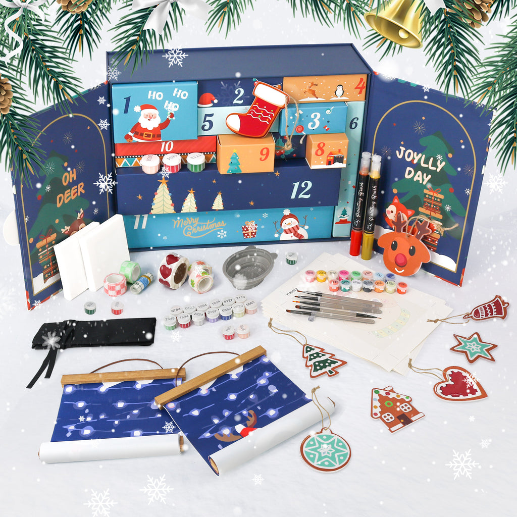 Christmas-themed craft kit with advent calendar, paint supplies, and decorative items on a white background.