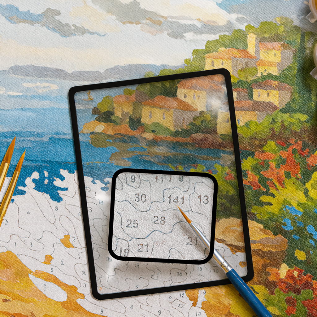 Jigsaw puzzle with a completed section showing a scenic village, surrounded by tools and another puzzle piece.