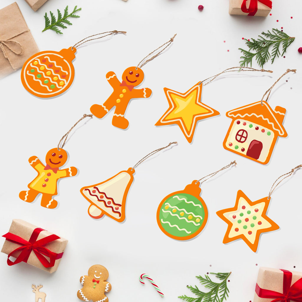 Colorful Christmas ornaments on a white background with gift boxes and candy canes.
