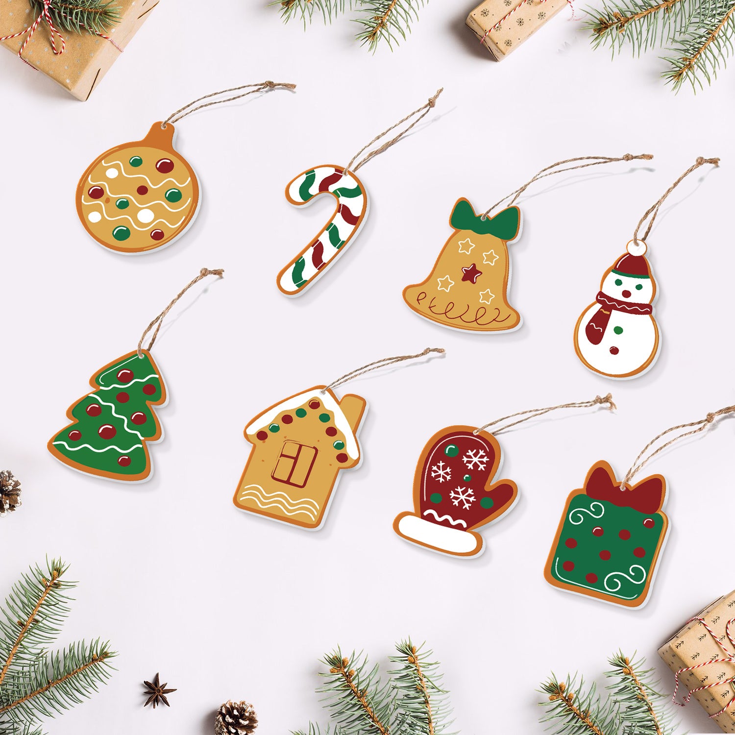 Collection of Christmas-themed cookie cutout ornaments on a white background with festive decorations.