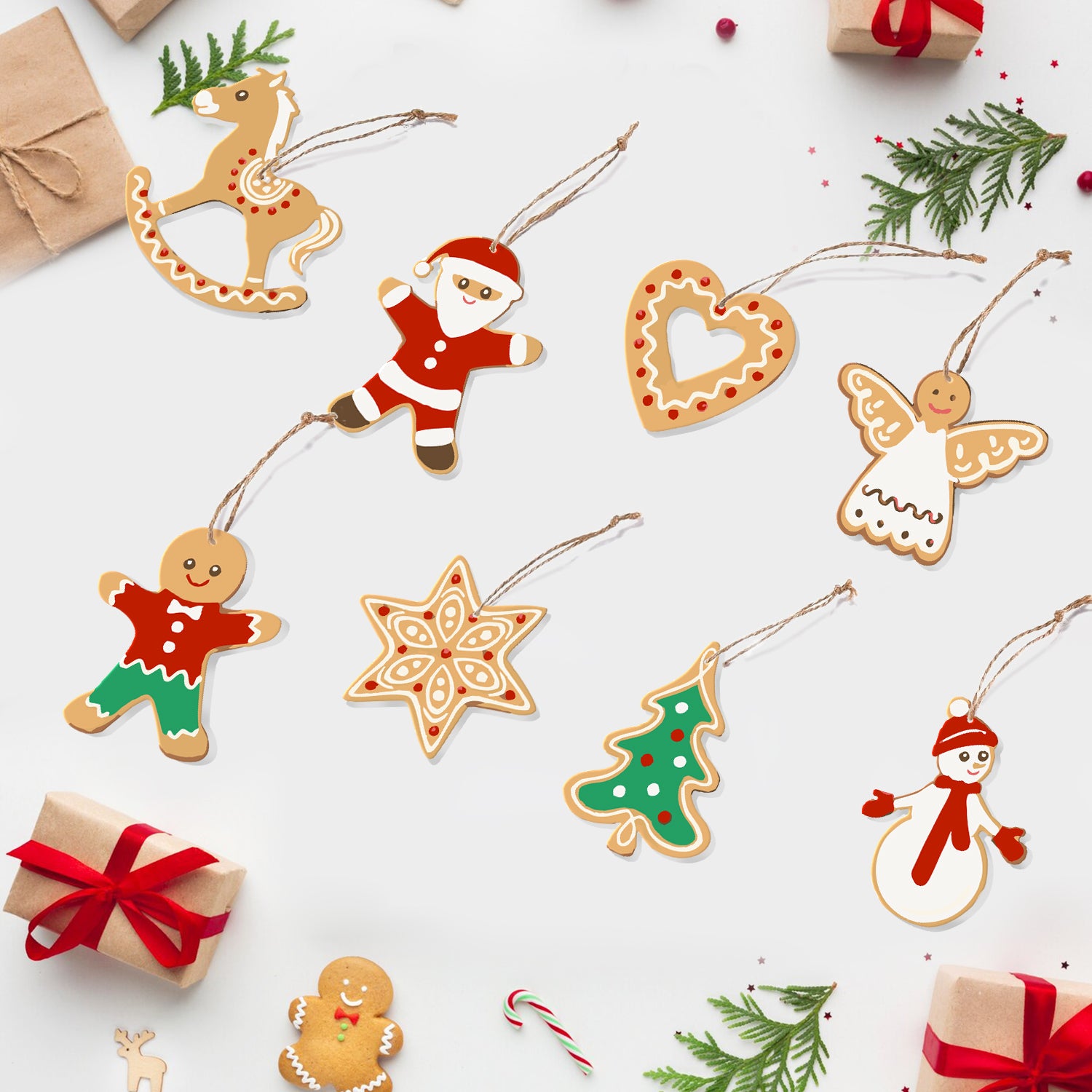 Collection of Christmas-themed cookie cutout ornaments on a white background
