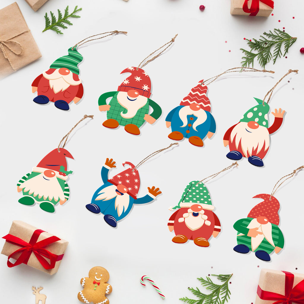 Colorful gnome ornaments on a white background with Christmas elements.