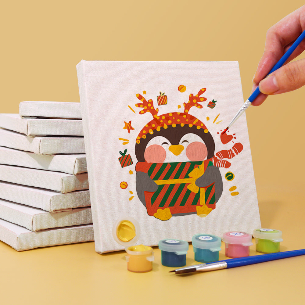 Mini paint by numbers kit featuring penguins on ice