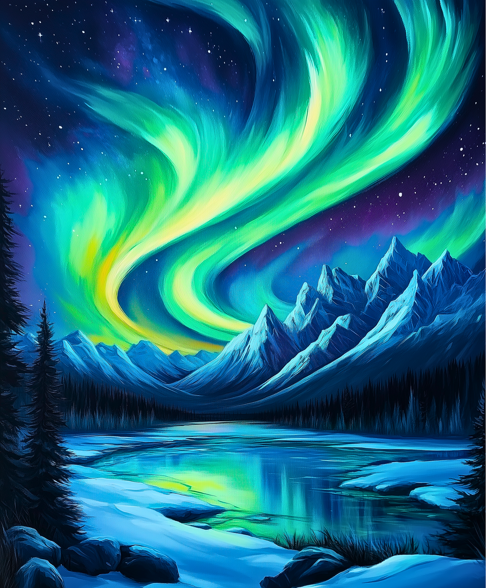 A paint-by-numbers kit depicting a vibrant aurora over a lake surrounded by mountains. Crafty by numbers beautiful kit.